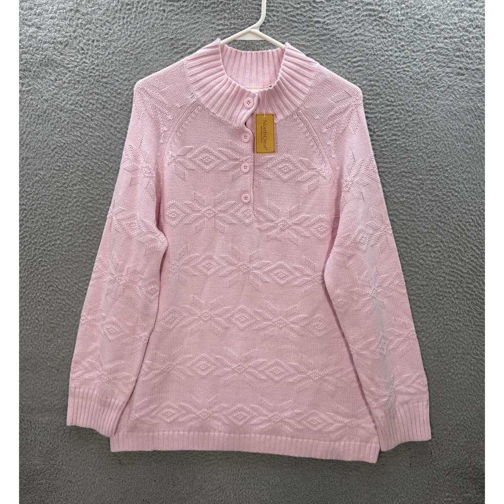 North Crest Sweater Womens 1X Pink Geometric Knit Cardigan Grandma 16W-18W NEW‎